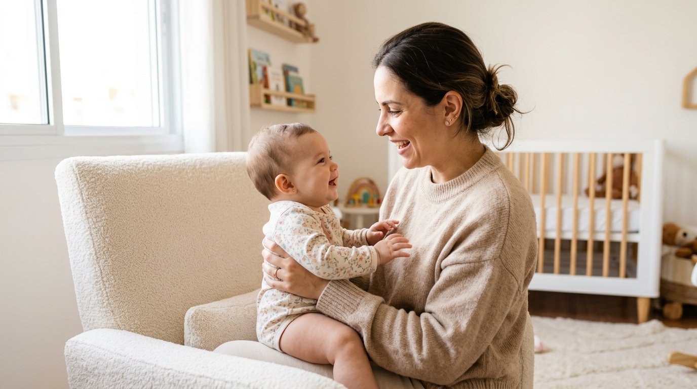 Mãe conversa de frente com o bebê no colo, os dois se olhando durante uma troca de sons e sorrisos
