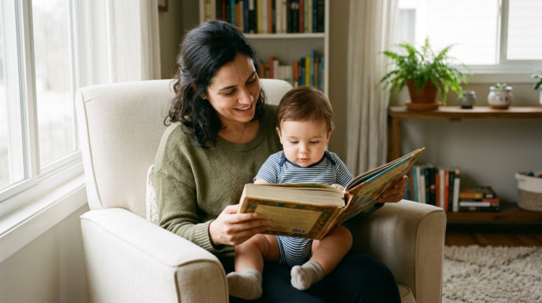 Mãe lê um livro de figuras para o bebê no colo em uma poltrona clara