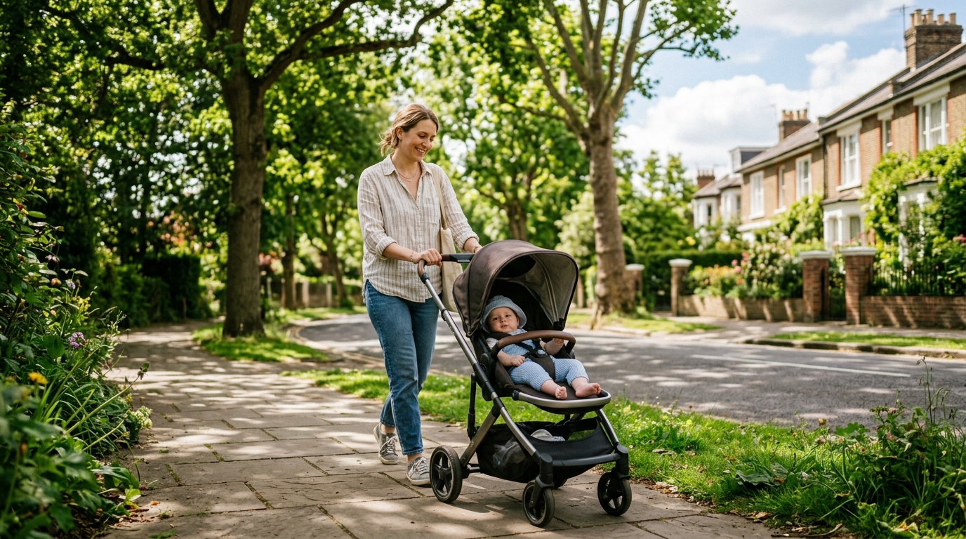 Mãe passeia com o bebê em um carrinho reclinado em uma calçada arborizada num dia de sol