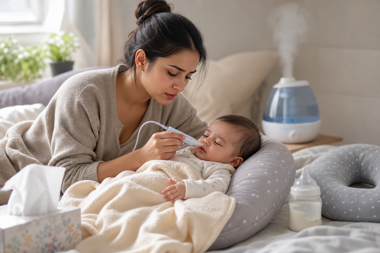 Mãe usando um aspirador nasal para limpar o nariz do bebê