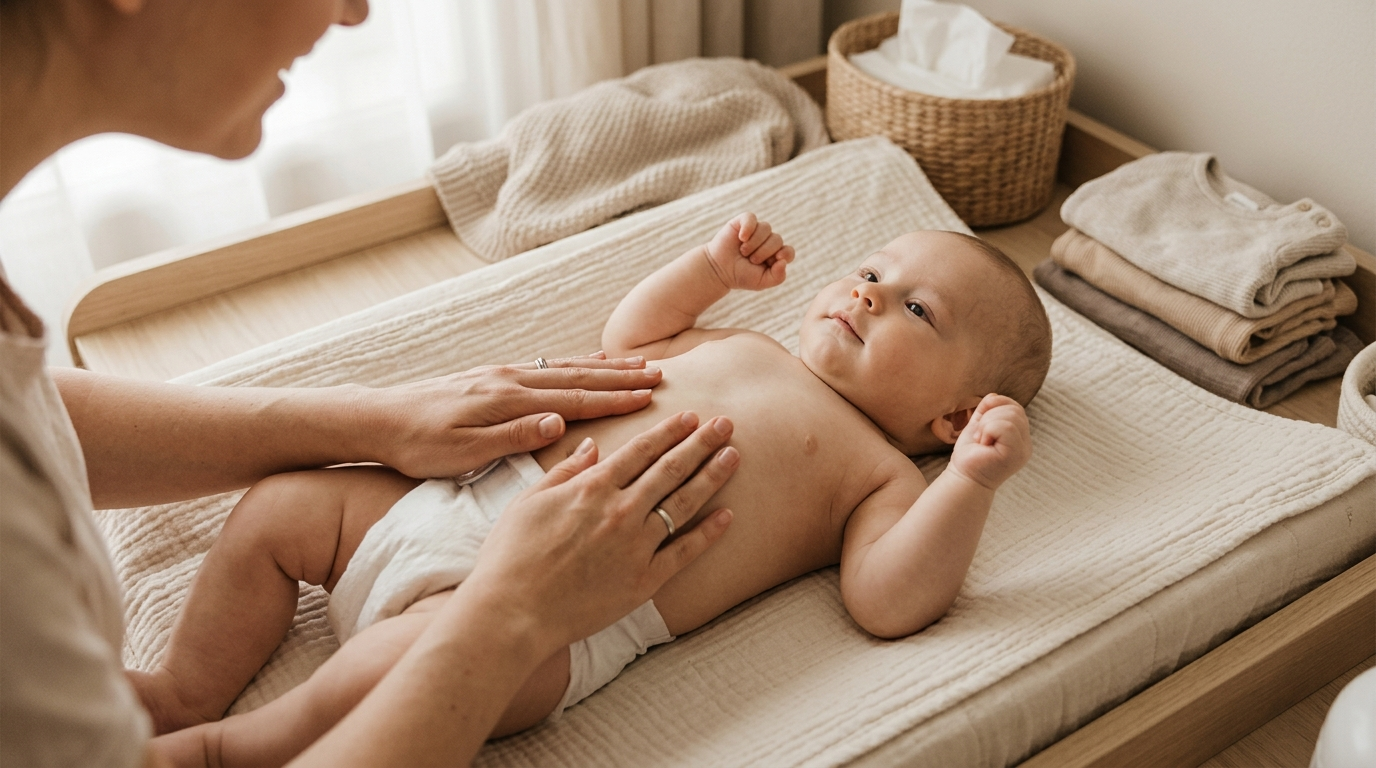 Mãe faz massagem circular na barriga do bebê deitado de costas no trocador
