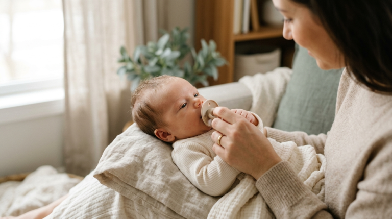 Mãe oferece com delicadeza uma chupeta ao bebê calmo no colo, junto à janela