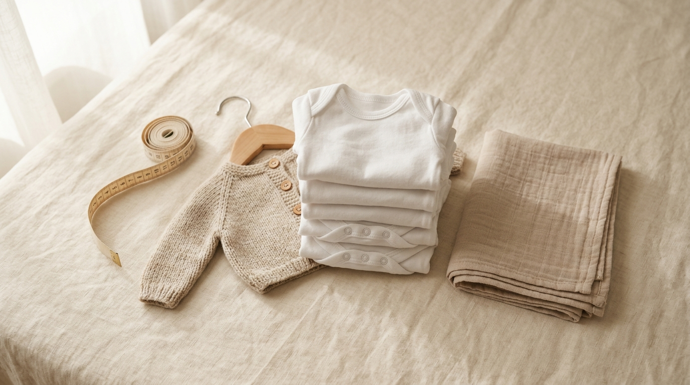 Quantas roupas de RN comprar: pilha de bodies brancos dobrados e casaquinho de trico