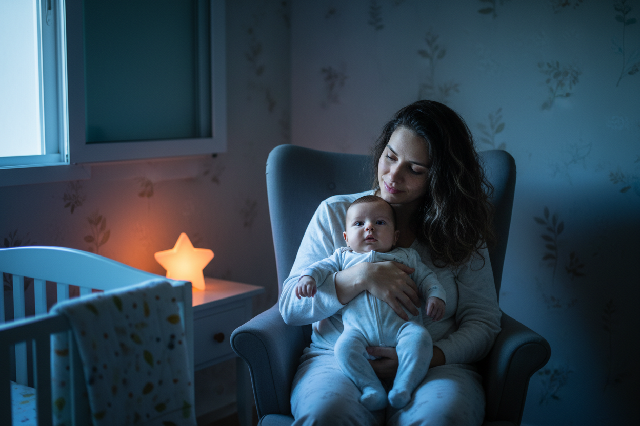 Mãe segurando o bebê acordado de madrugada durante a regressão do sono dos 4 meses