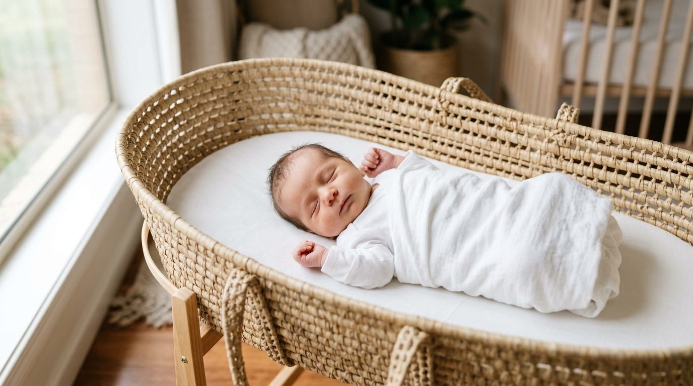 Recém-nascido dormindo de barriga para cima em um moisés, em quarto de luz suave