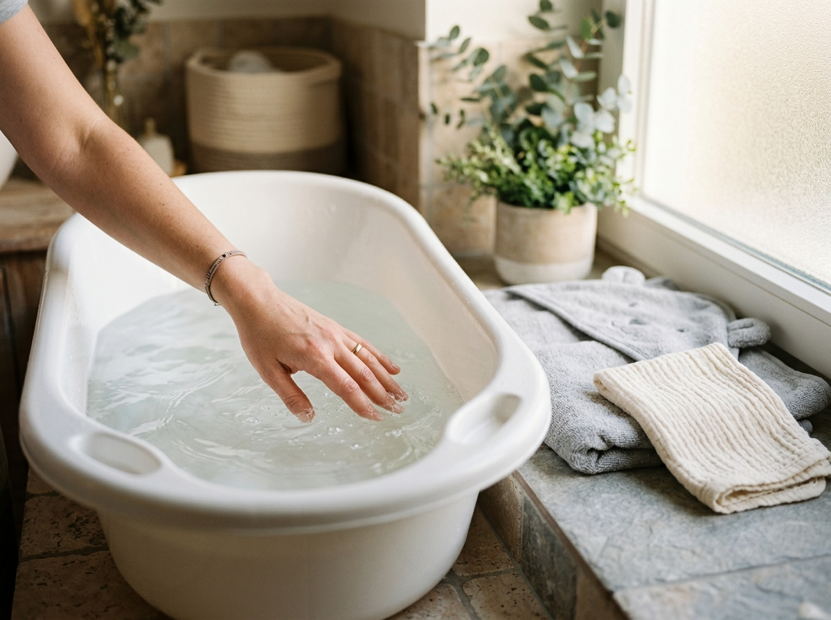 Rotina do banho: mao testando a temperatura da agua na banheira do bebe