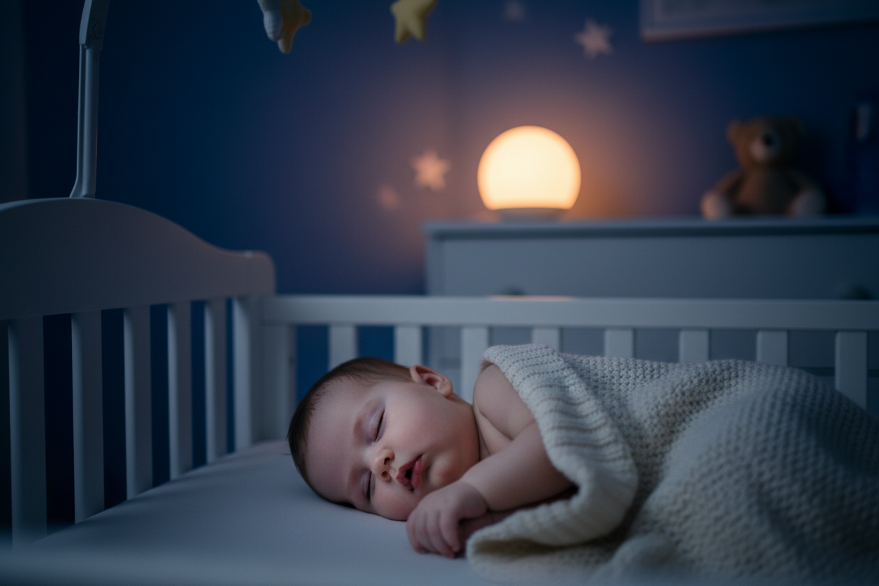 Bebê dormindo no berço com máquina de ruído branco ao fundo