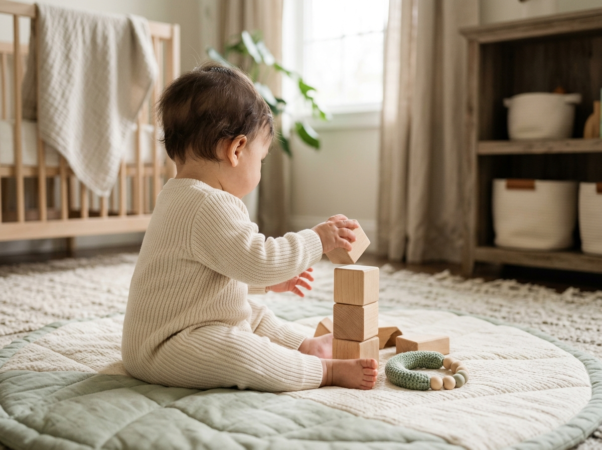 Saltos de desenvolvimento do bebe: exploracao com blocos de madeira e cheirador de tricot