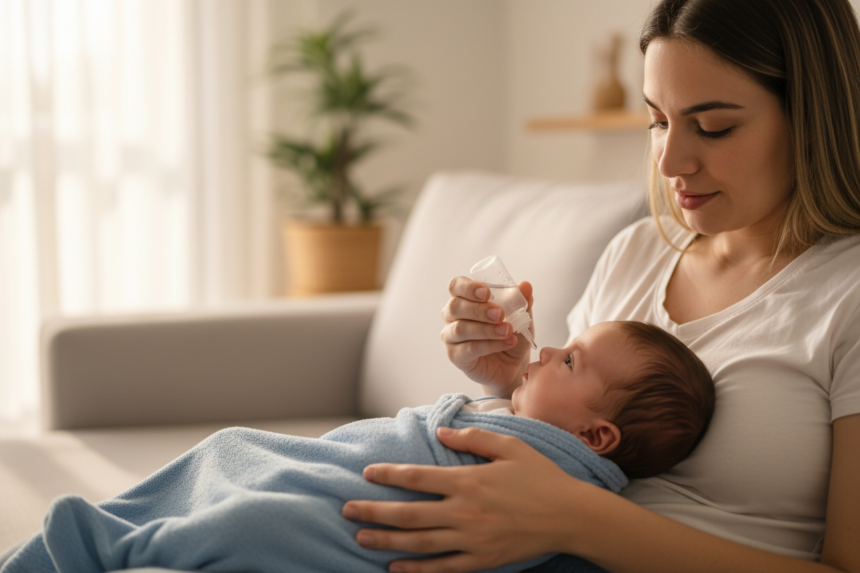 Mãe aplicando soro fisiológico no nariz entupido do bebê no colo