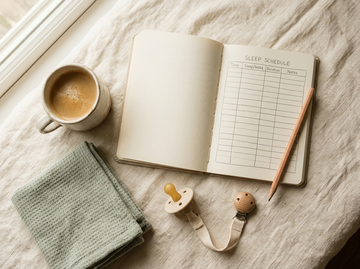 Caderno com tabela de sono, cafe e itens do bebe sobre linho creme