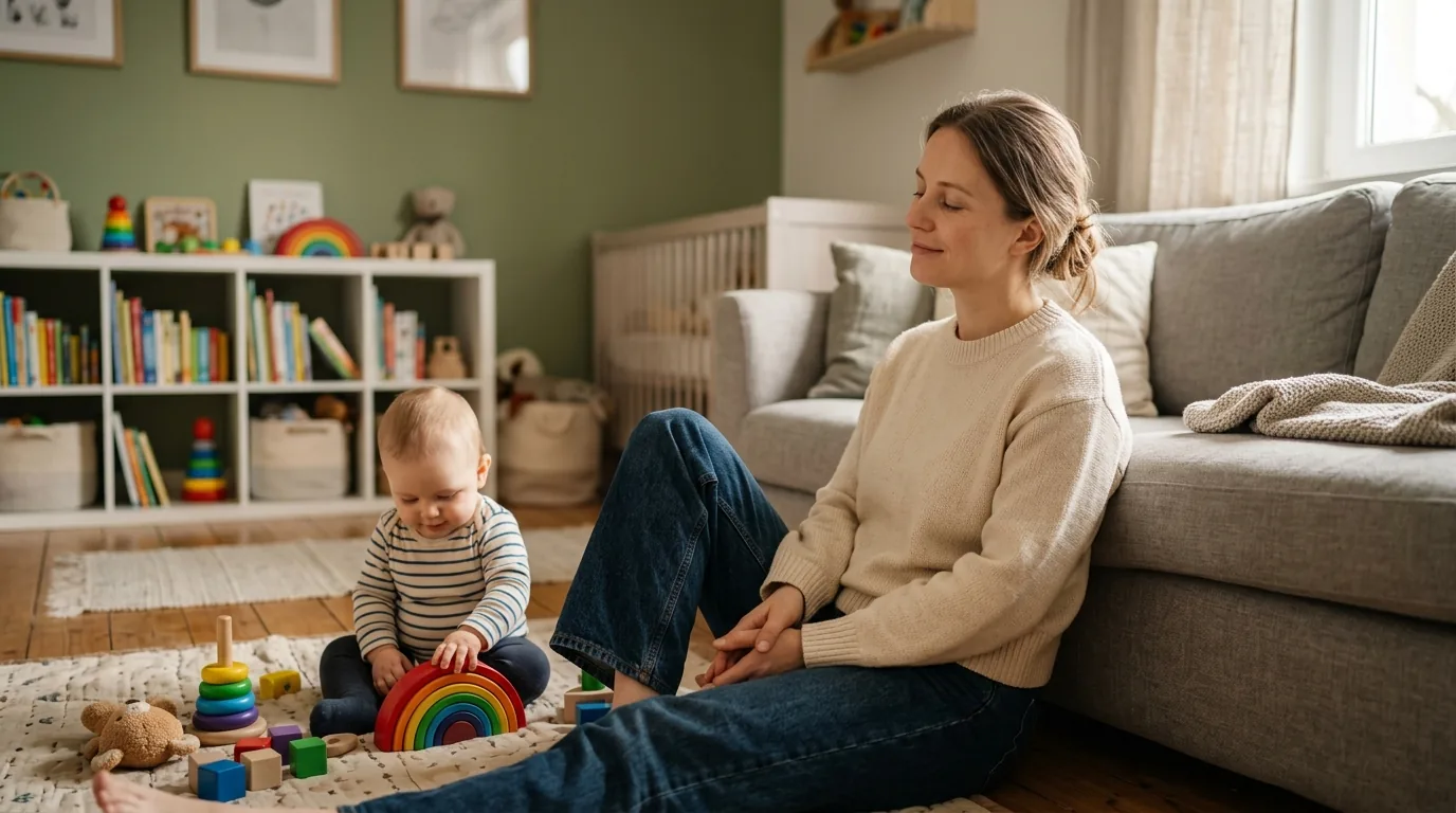 Mãe sentada no chão descansando enquanto o bebê brinca no tapete