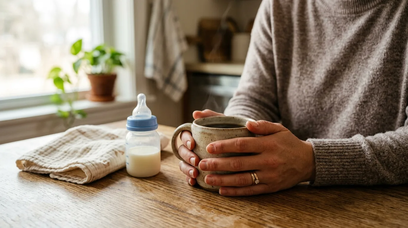 Mãos da mãe segurando uma xícara de café ao lado de itens do bebê
