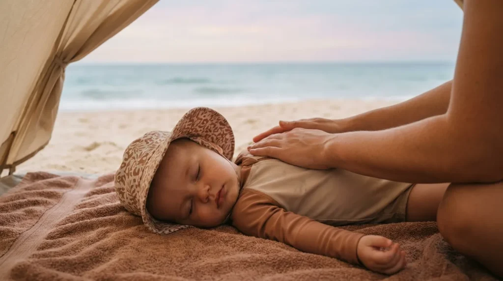 Bebê descansando na sombra da barraca de praia com chapéu e roupa de proteção UV