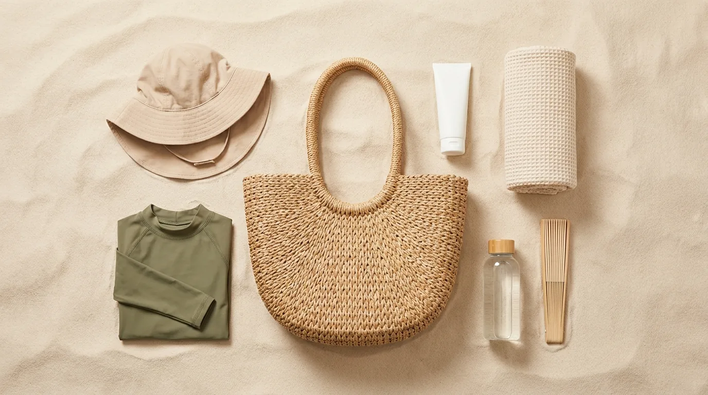 Bolsa de praia com itens de proteção solar do bebê: chapéu, roupa UV, protetor e toalha