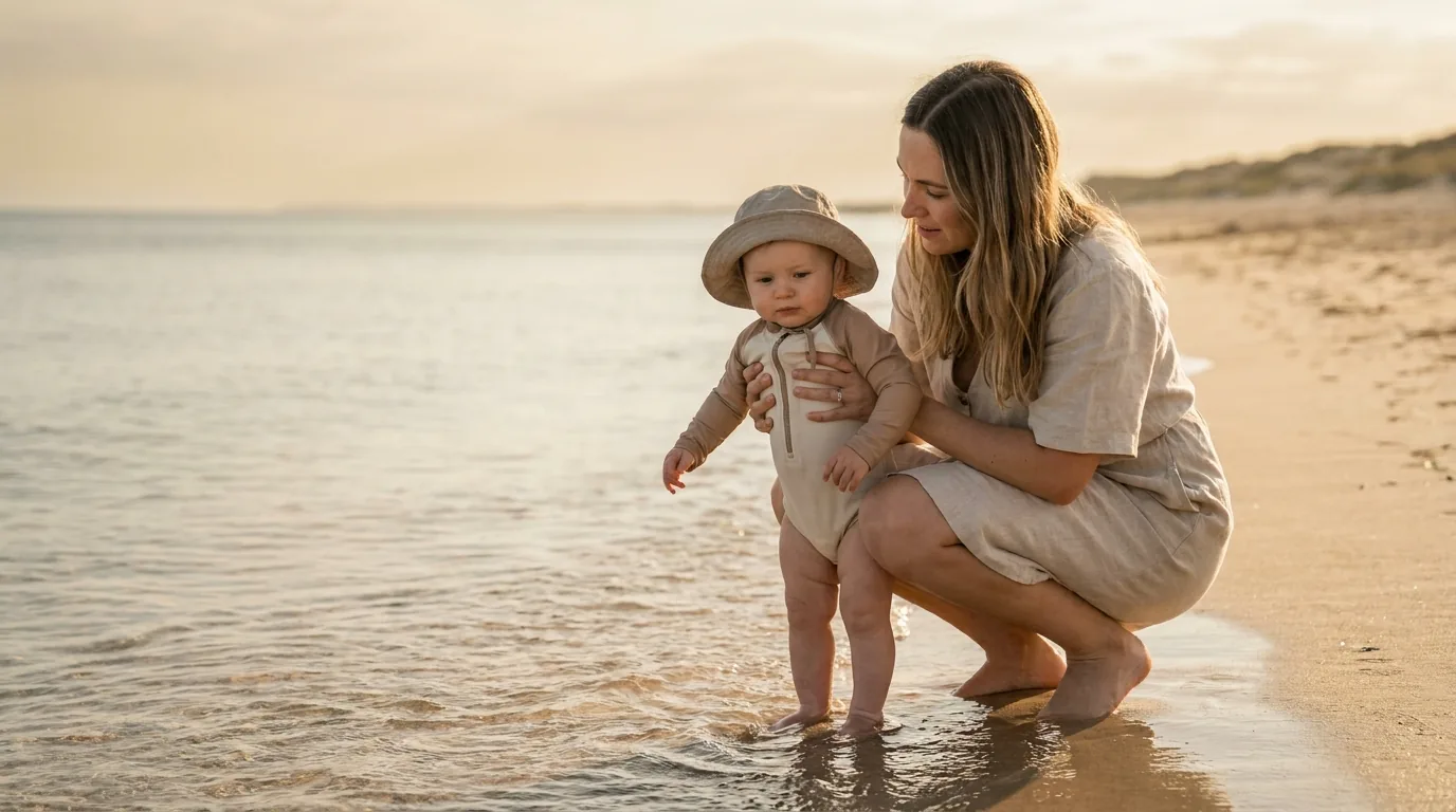 Mãe segurando o bebê de chapéu na beira do mar em água calma ao entardecer