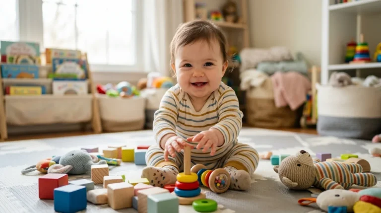 Bebê sorridente brincando com blocos coloridos e brinquedos sensoriais no tapete