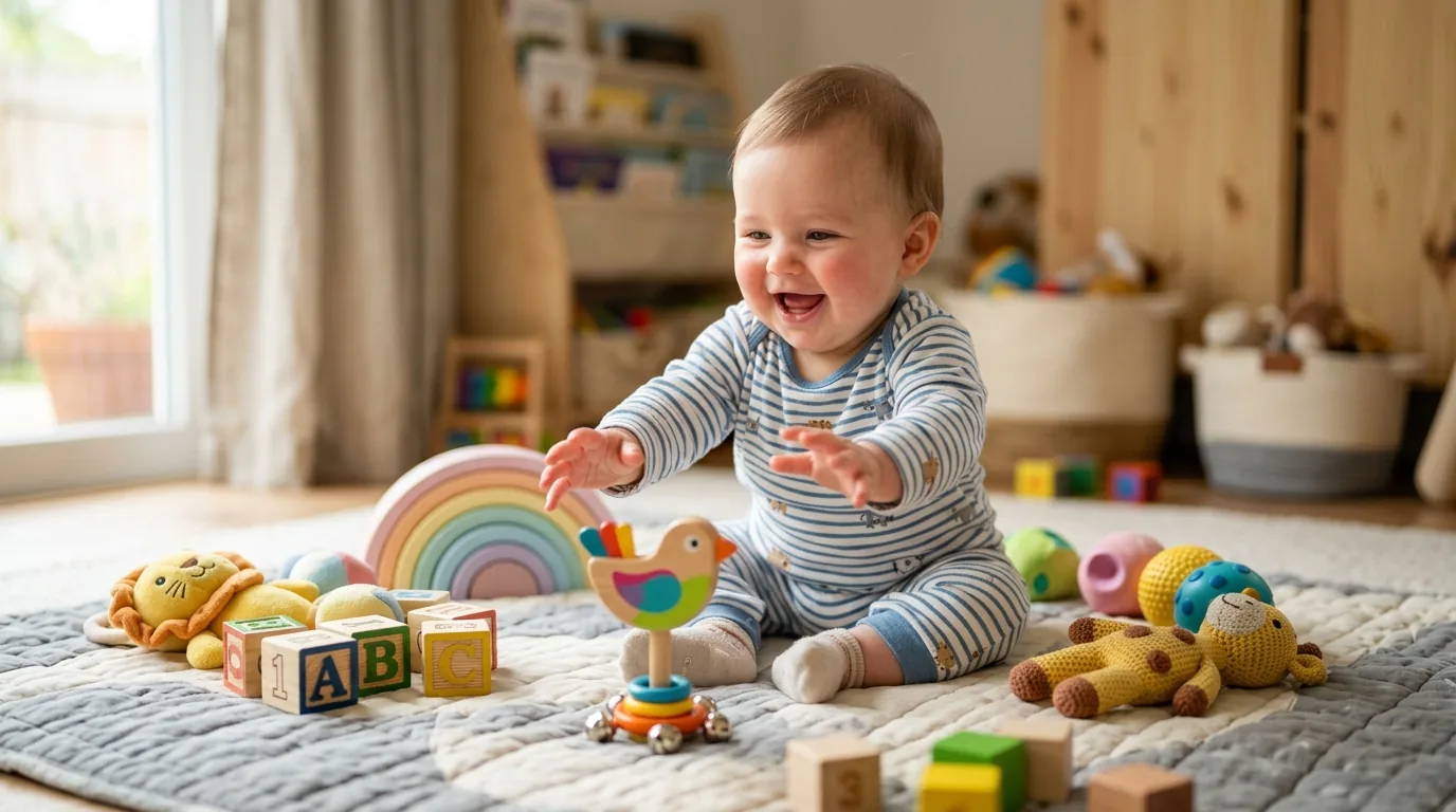 Bebê sentado alcançando brinquedo de encaixar em formato de arco-íris