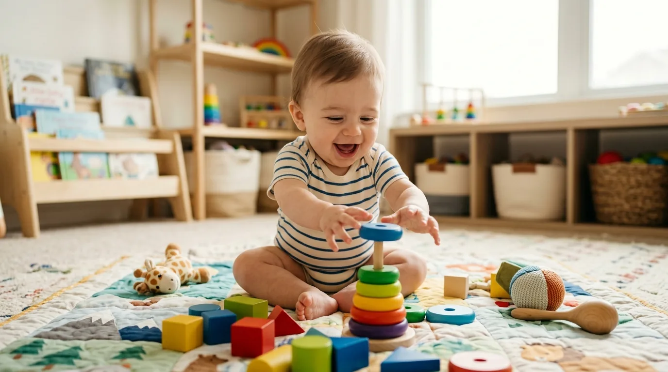 Bebê brincando com blocos de empilhar coloridos sobre tapete de atividades