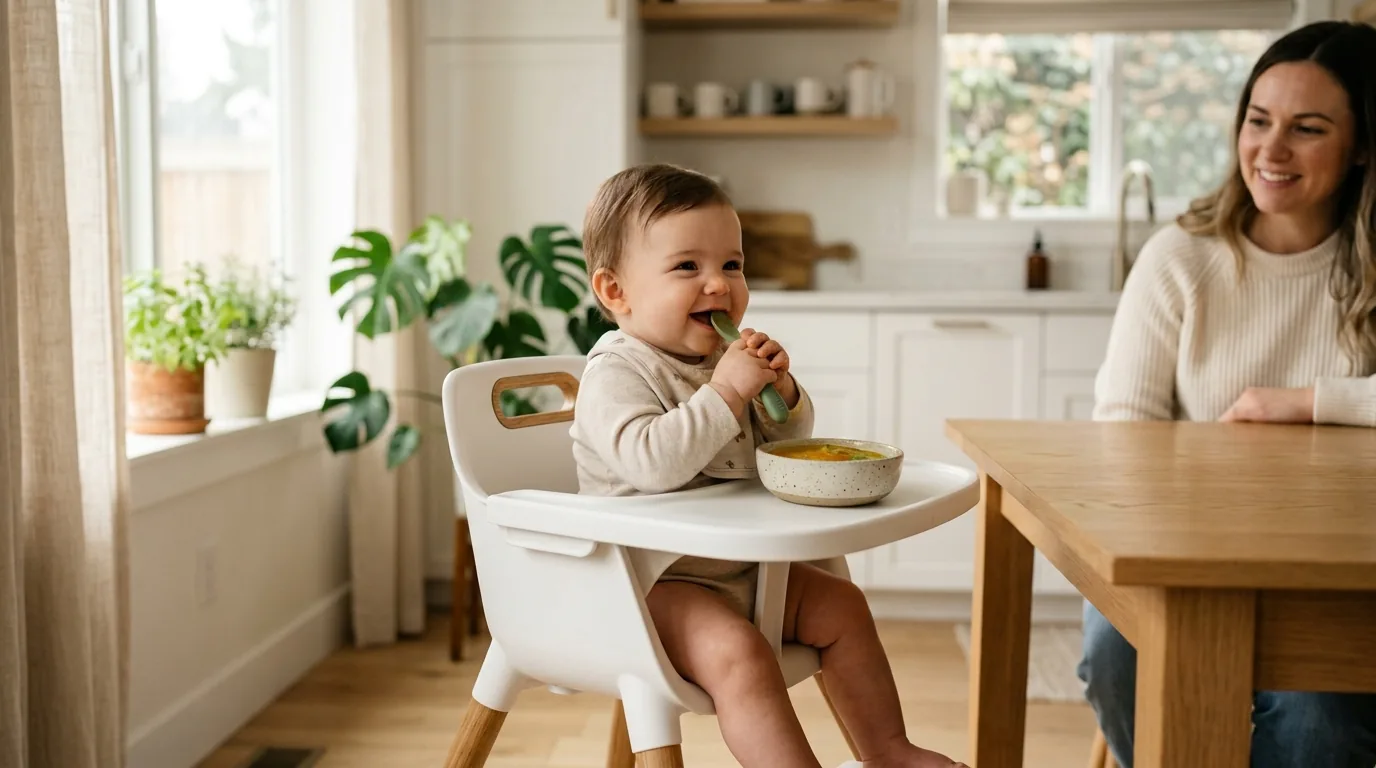Bebê comendo papinha na cadeira de alimentação branca durante a refeição