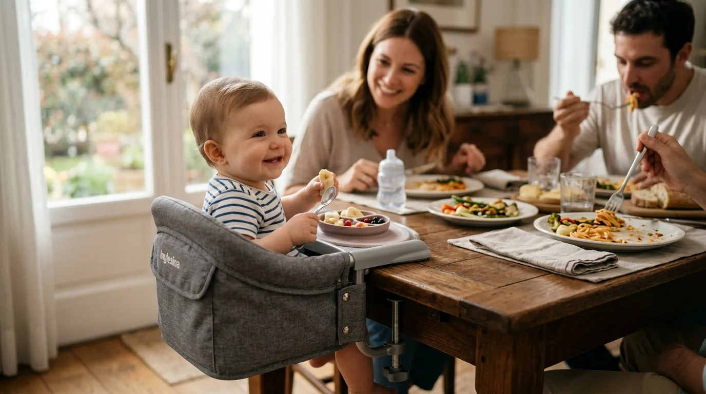 Cadeira de alimentação portátil de encaixe presa à mesa com o bebê na refeição em família
