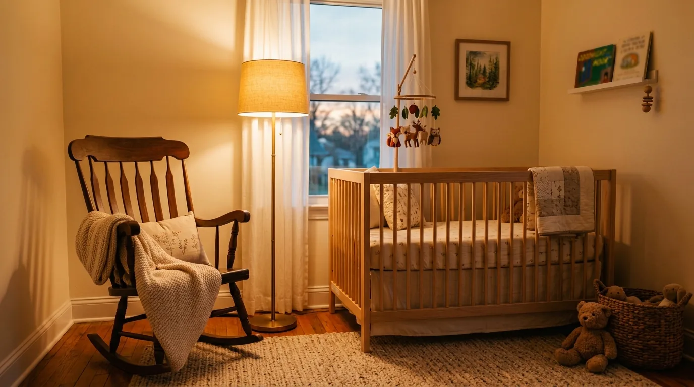 Cantinho do quarto do bebê com cadeira de balanço ao lado do berço
