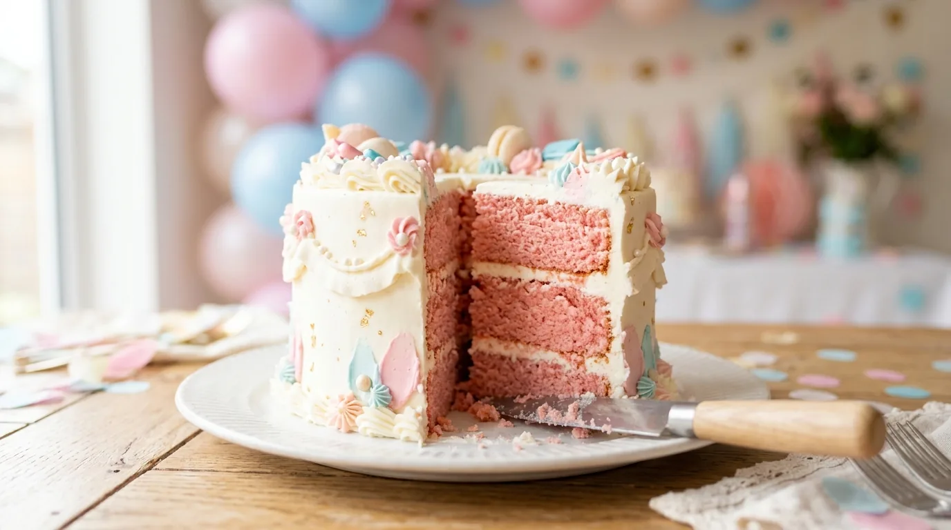 Bolo de cha revelacao fatiado mostrando a massa rosa por dentro