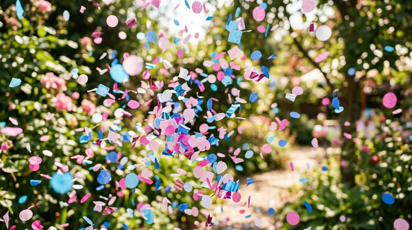 Chuva de confete rosa e azul no ar durante o cha revelacao