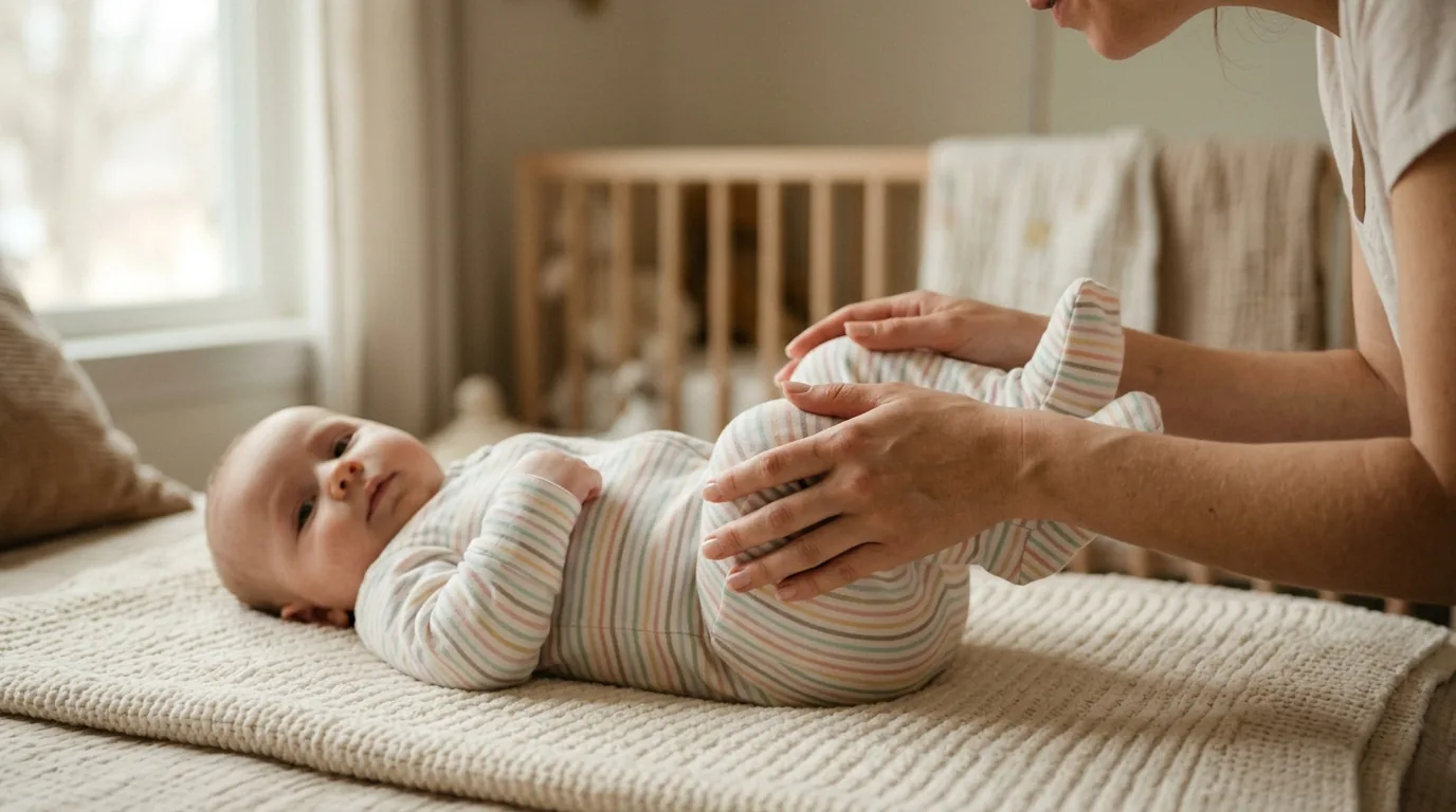 Mãe dobrando as perninhas do bebê em direção à barriga para ajudar a soltar os gases