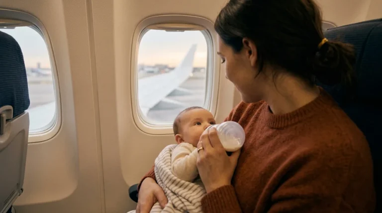Mãe segurando o bebê no colo durante voo, olhando pela janela do avião