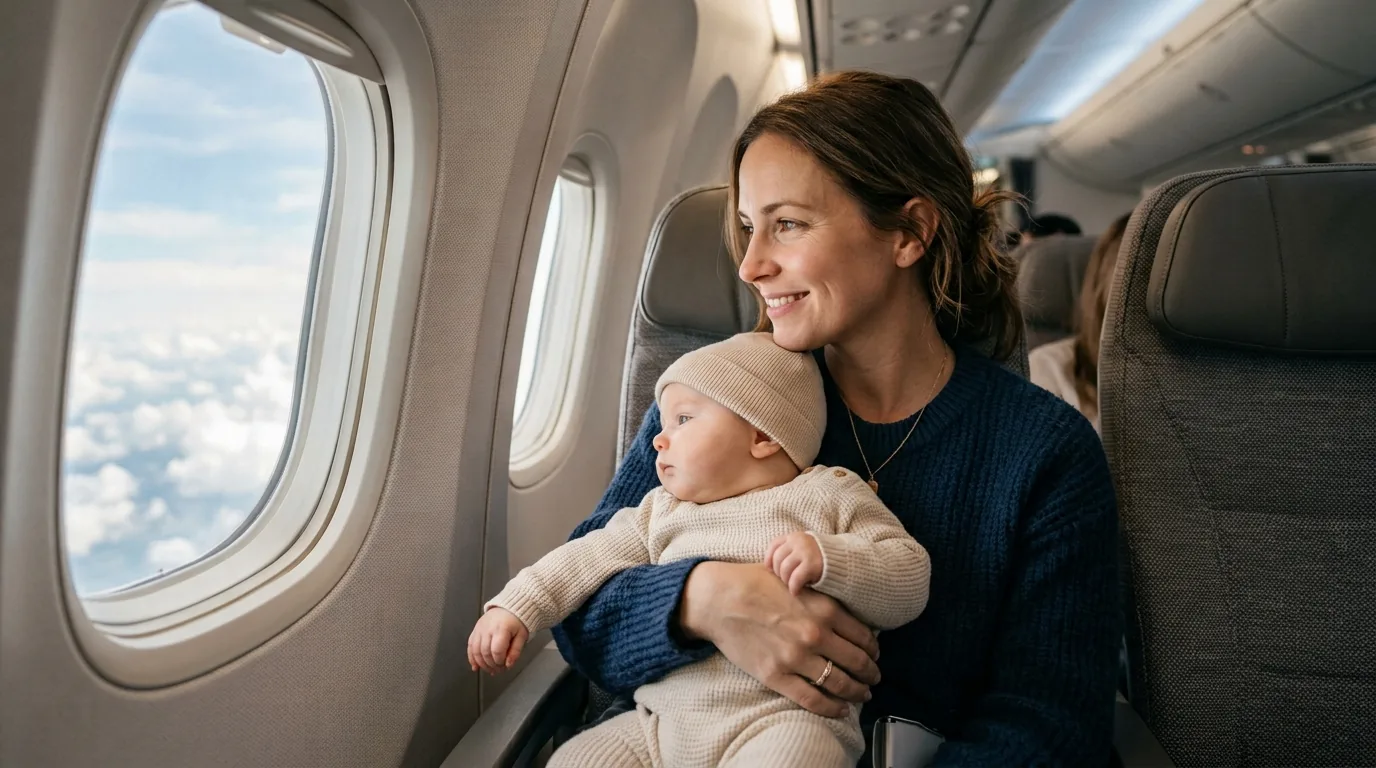 Mãe segurando o bebê no colo em assento de janela durante viagem de avião