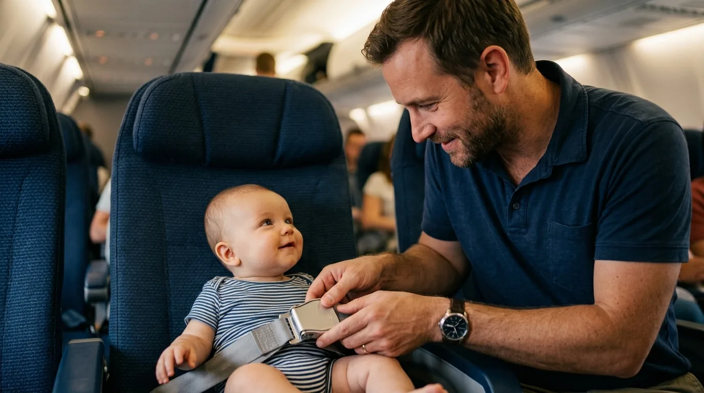 Pai ajustando o cinto de segurança do bebê no assento do avião