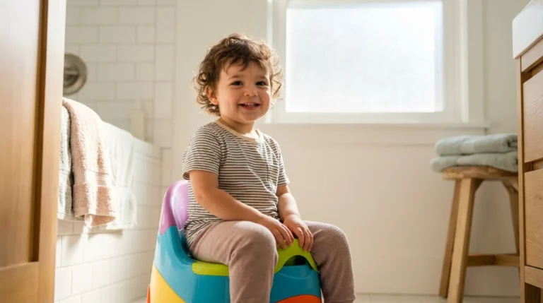 Criança pequena sentada e sorrindo em um troninho colorido durante o desfralde, em banheiro claro