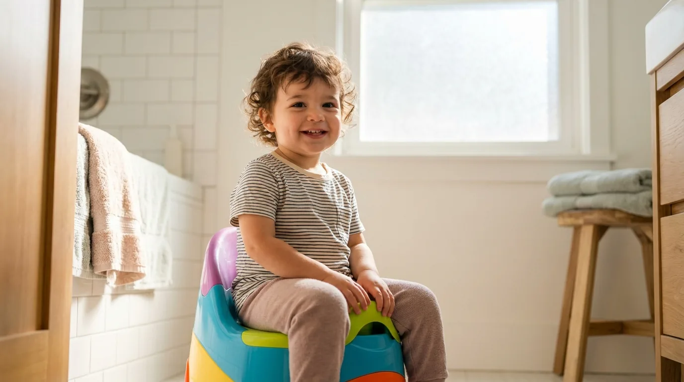 Criança pequena sentada e sorrindo em um troninho colorido durante o desfralde, em banheiro claro