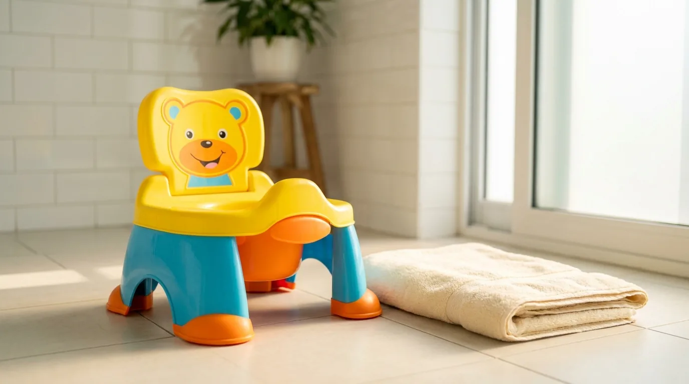 Troninho infantil colorido de ursinho no chão de um banheiro claro, pronto para o desfralde