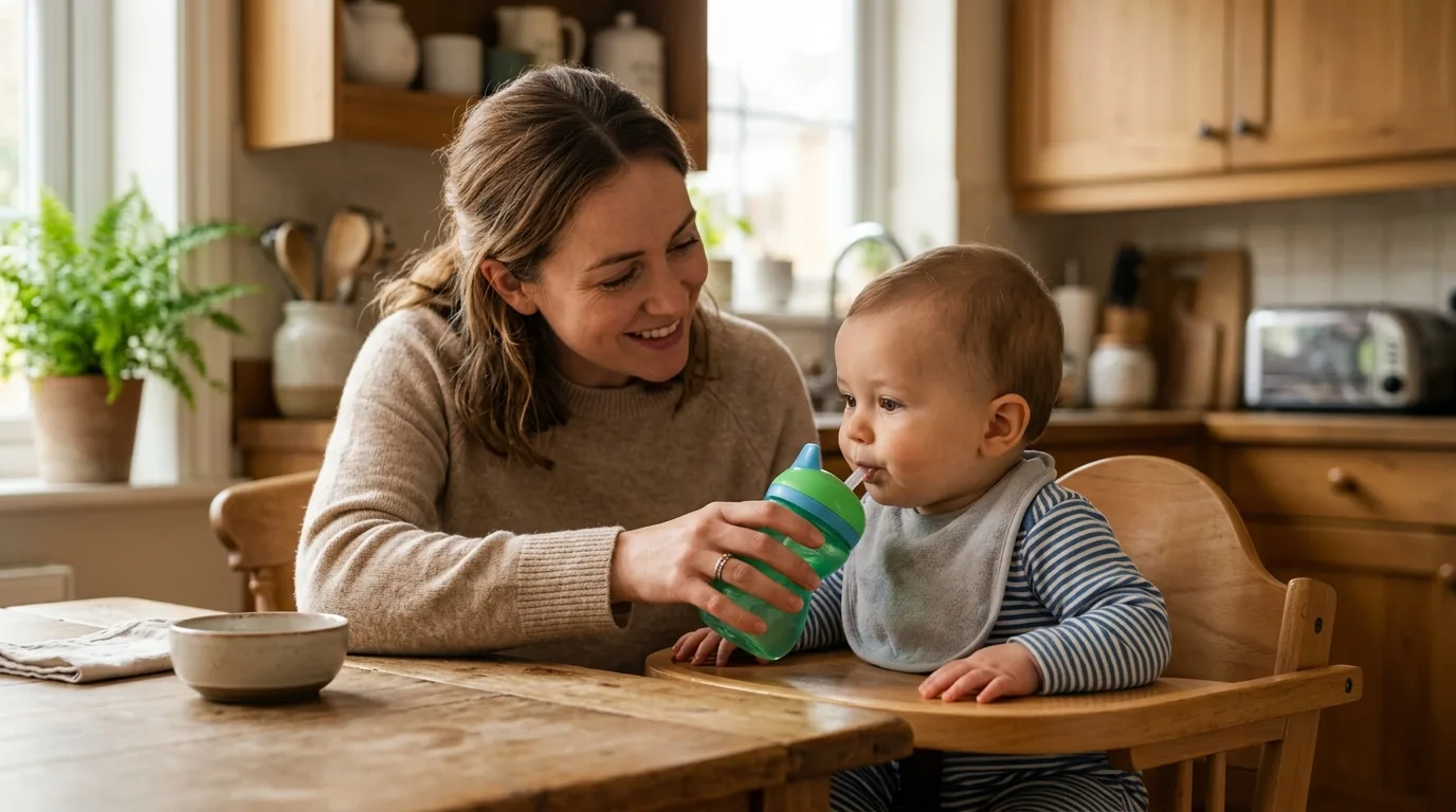 Mãe ajudando o bebê a beber pelo canudo na cozinha