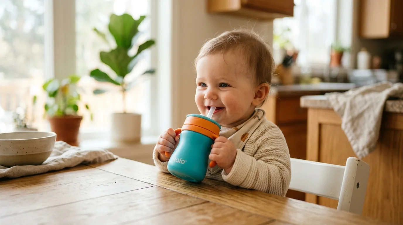 Bebê segurando copo com canudo com as duas mãos e bebendo à mesa