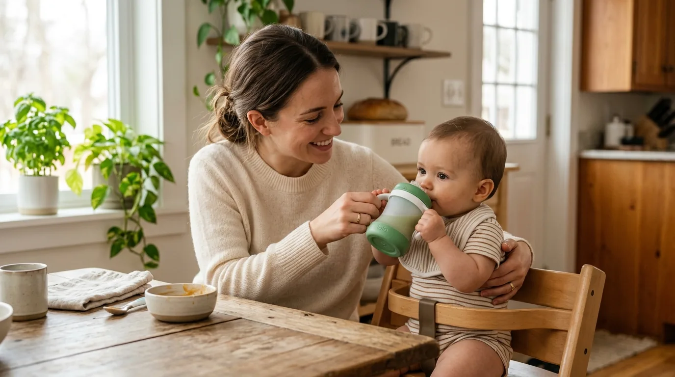 Mãe ajudando o bebê a beber no copo de transição na cozinha