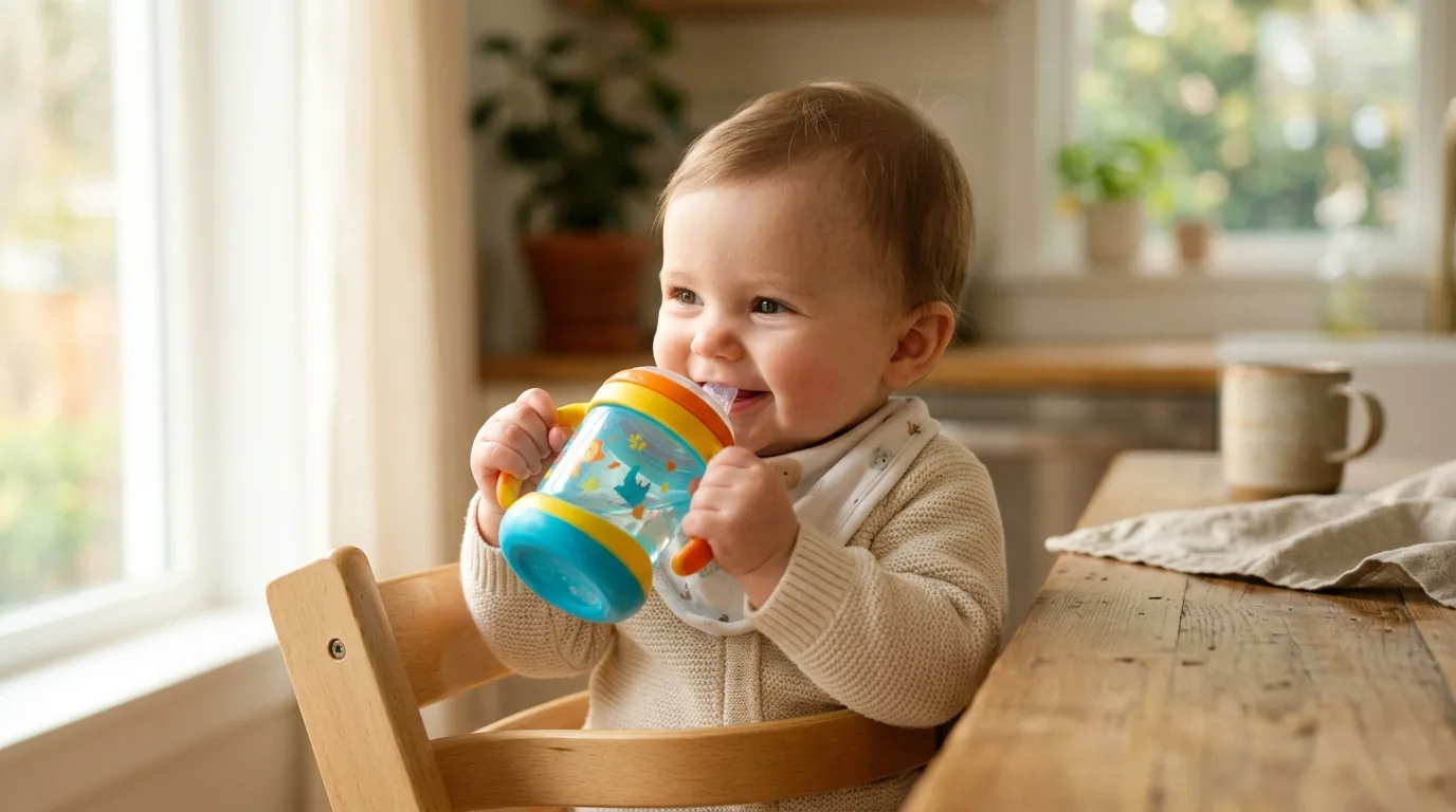 Bebê segurando e bebendo em copo de transição colorido com bico