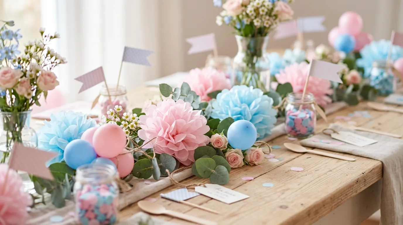 Detalhes DIY da decoracao de cha revelacao com pompons e baloes