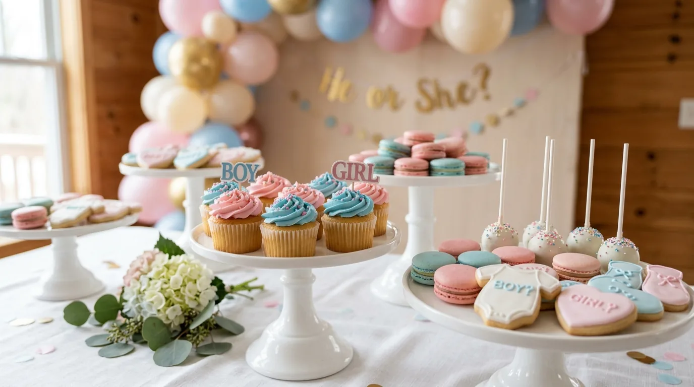 Mesa de doces de cha revelacao com cupcakes macarons e cake pops