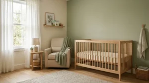 Quarto de bebê minimalista com berço de madeira, parede verde-sálvia e tons neutros