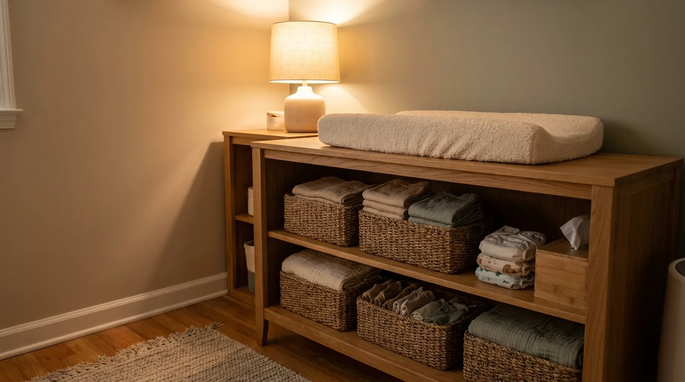 Zona de troca do quarto do bebê com cômoda de madeira, cestos organizadores e abajur aceso