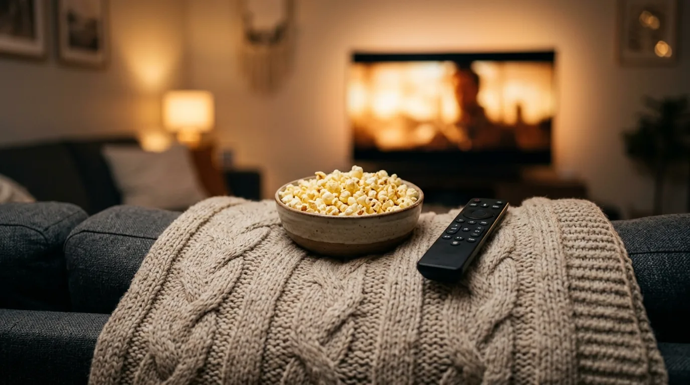 Pipoca e controle da TV sobre a manta no sofá numa noite de cinema