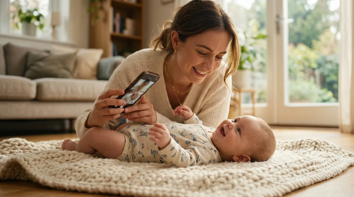 Mãe sorrindo fotografando o bebê deitado no cobertor para escolher a frase da foto