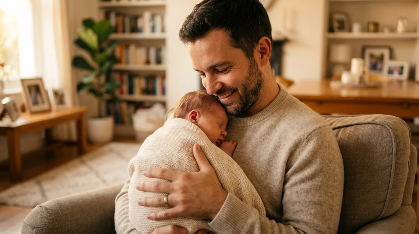 Pai segurando o recém-nascido no colo, momento para frases do pai para o bebê