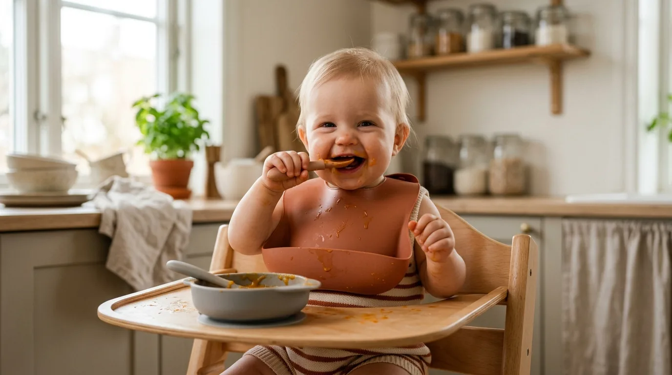 Bebê usando babador de silicone com bolso enquanto come no cadeirão