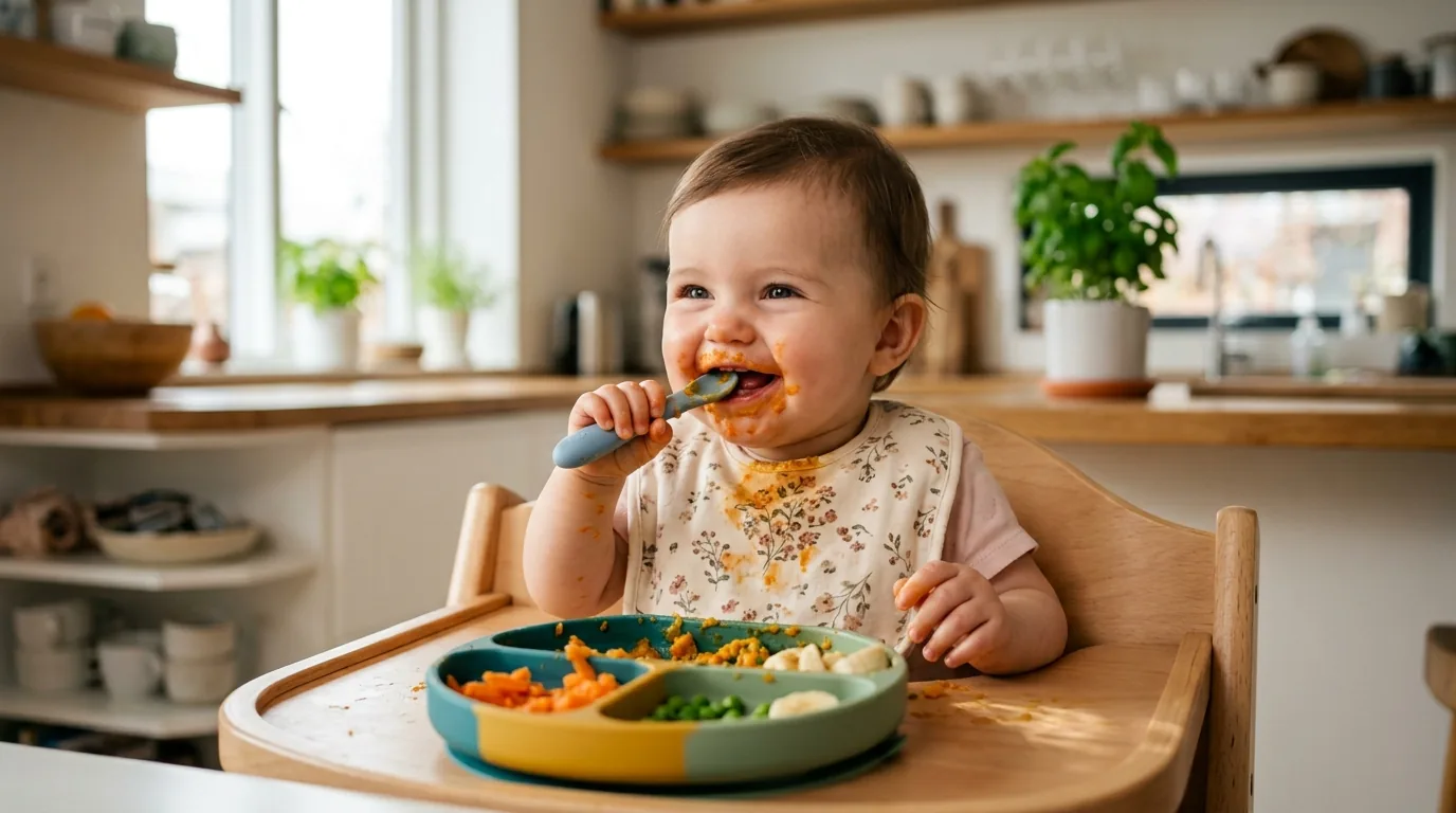 Bebê comendo sozinho com colher e prato de silicone com ventosa na bandeja do cadeirão