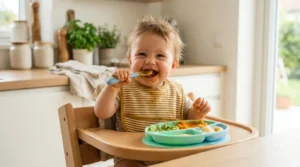 Bebê sorrindo comendo com colher e prato de silicone com ventosa no cadeirão