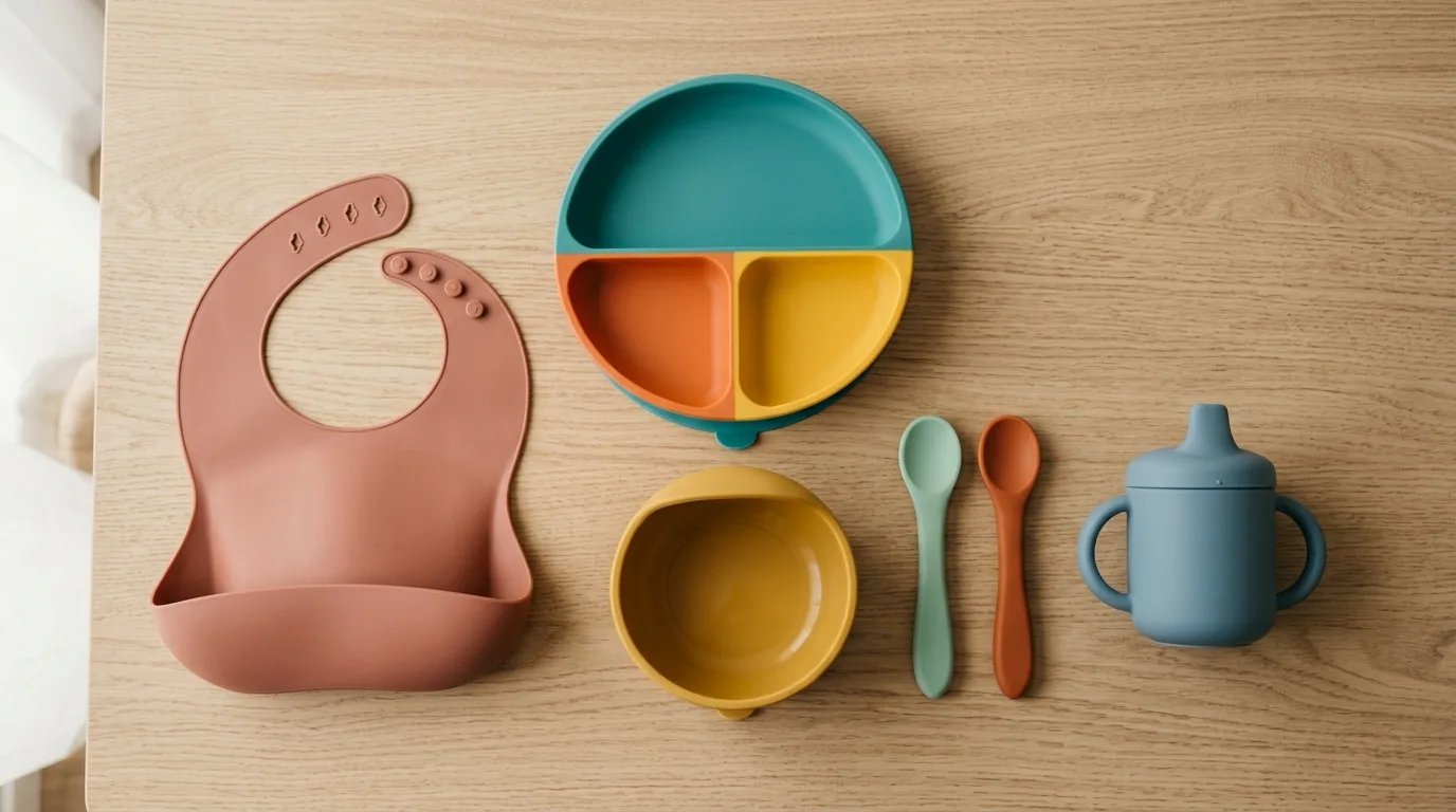 Kit de introdução alimentar sobre a mesa: prato com ventosa, tigela, colheres, copo e babador de silicone