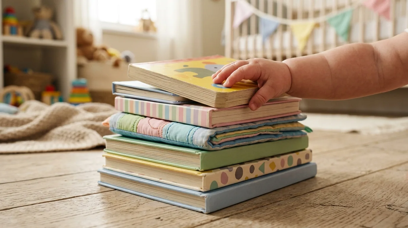 Pilha de livros cartonados coloridos para bebê com a mãozinha alcançando